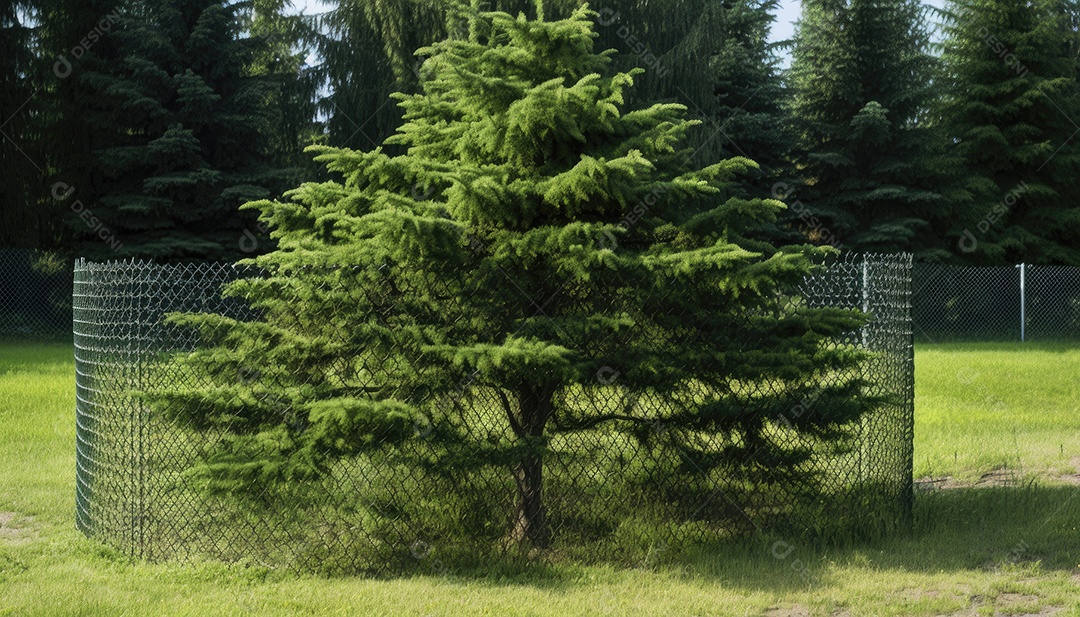 Árvore ornamental conífera verde na grama do jardim