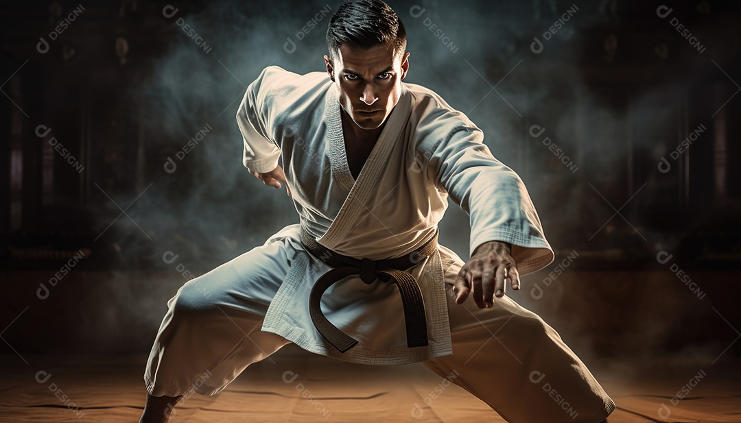 Homem de quimono branco treinando caratê