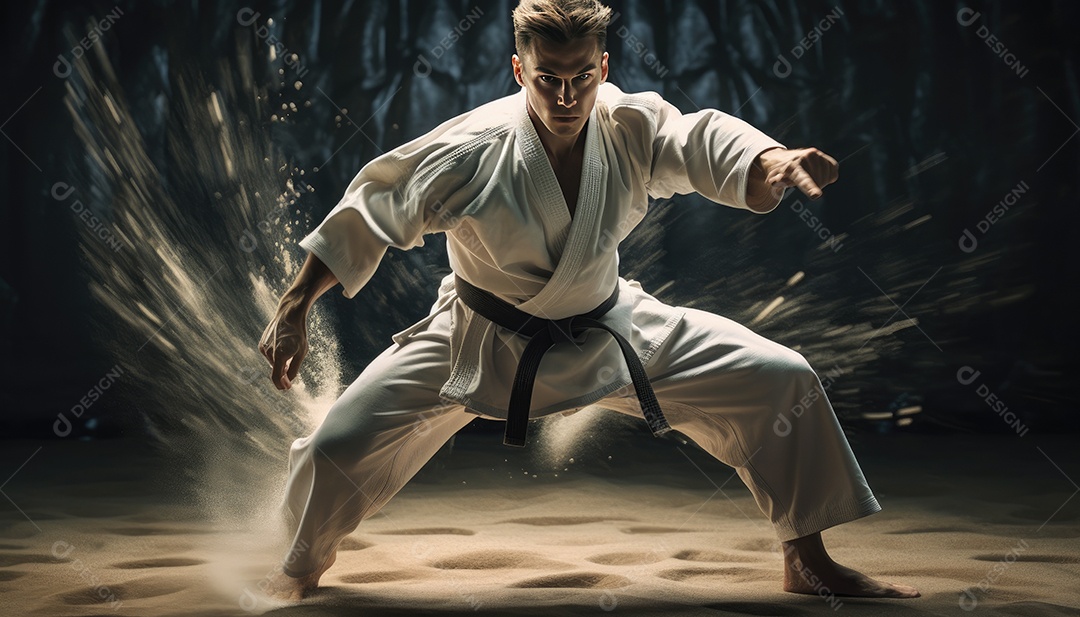 Homem de quimono branco treinando caratê