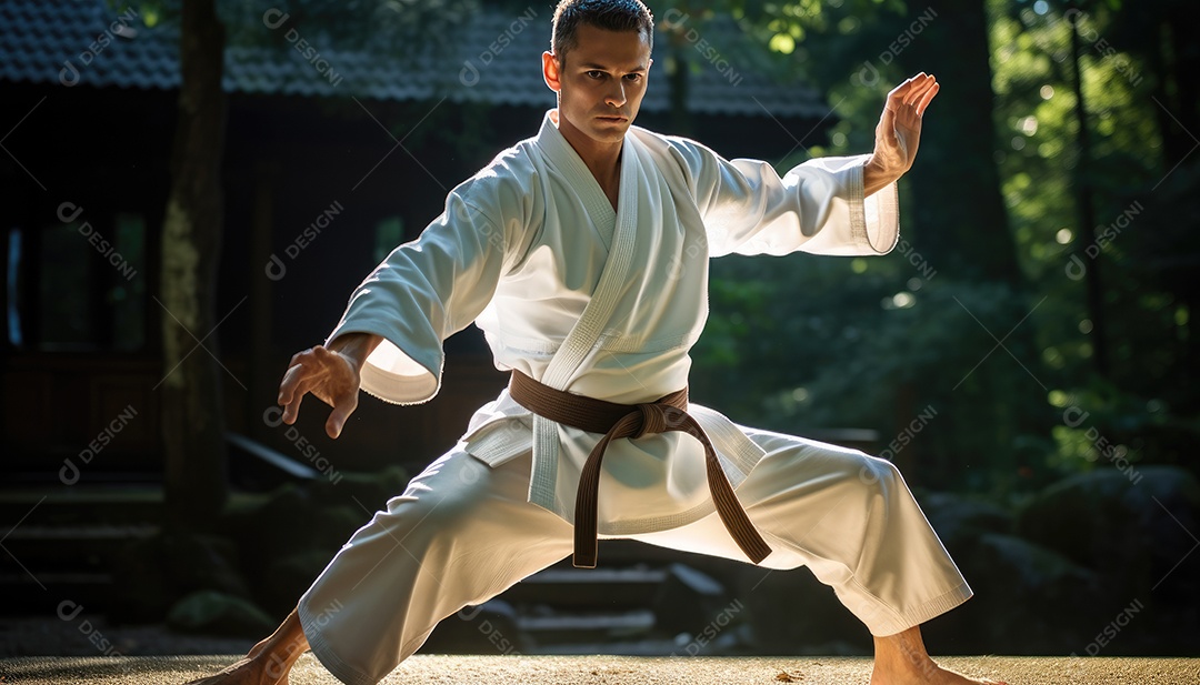 Homem de quimono branco treinando caratê