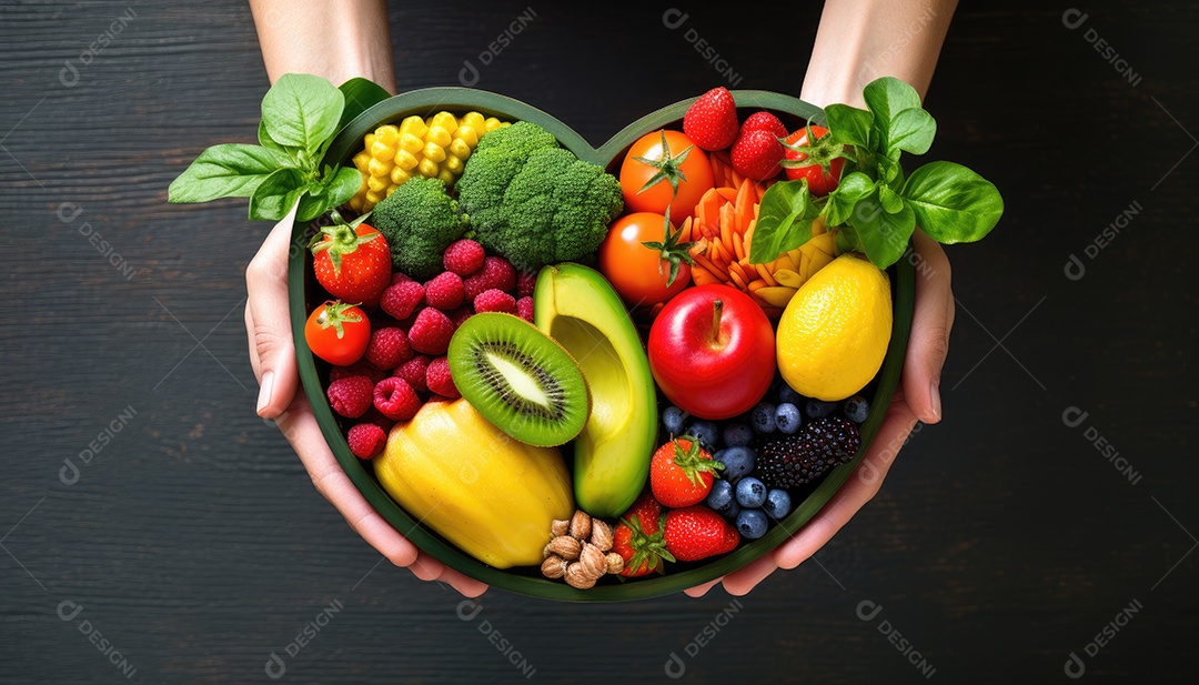 Frutas e vegetais limpos em prato de coração por nutricionista