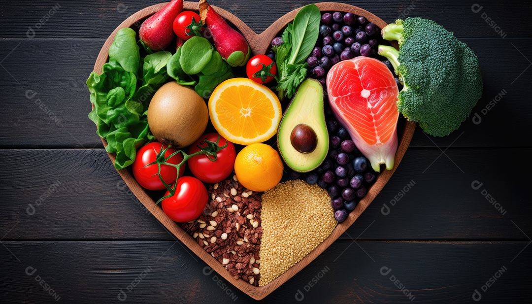 Frutas e vegetais limpos em prato de coração por nutricionista