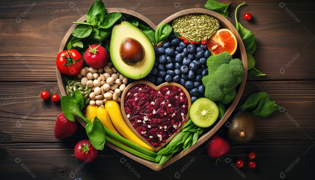 Frutas e vegetais limpos em prato de coração por nutricionista