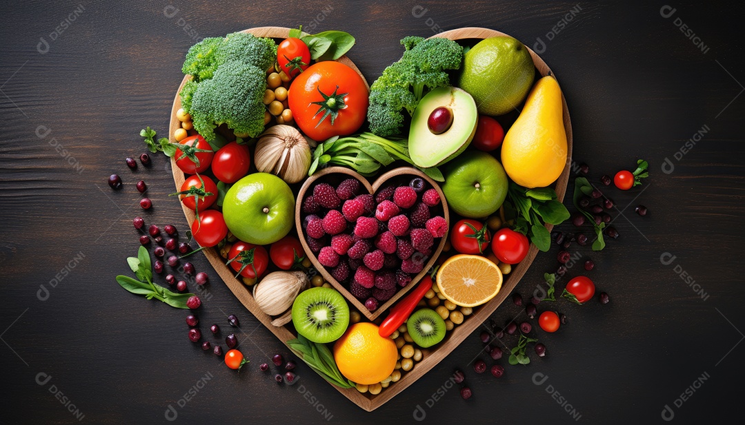 Frutas e vegetais limpos em prato de coração por nutricionista