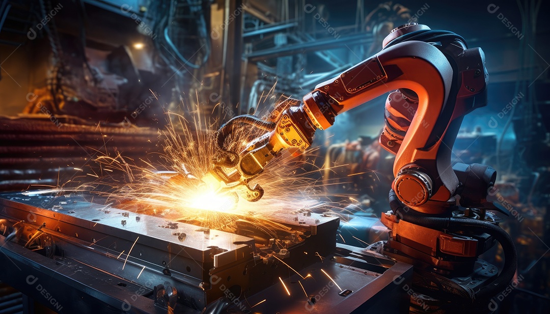 Fábrica de máquinas de montagem de braços robóticos gera faíscas