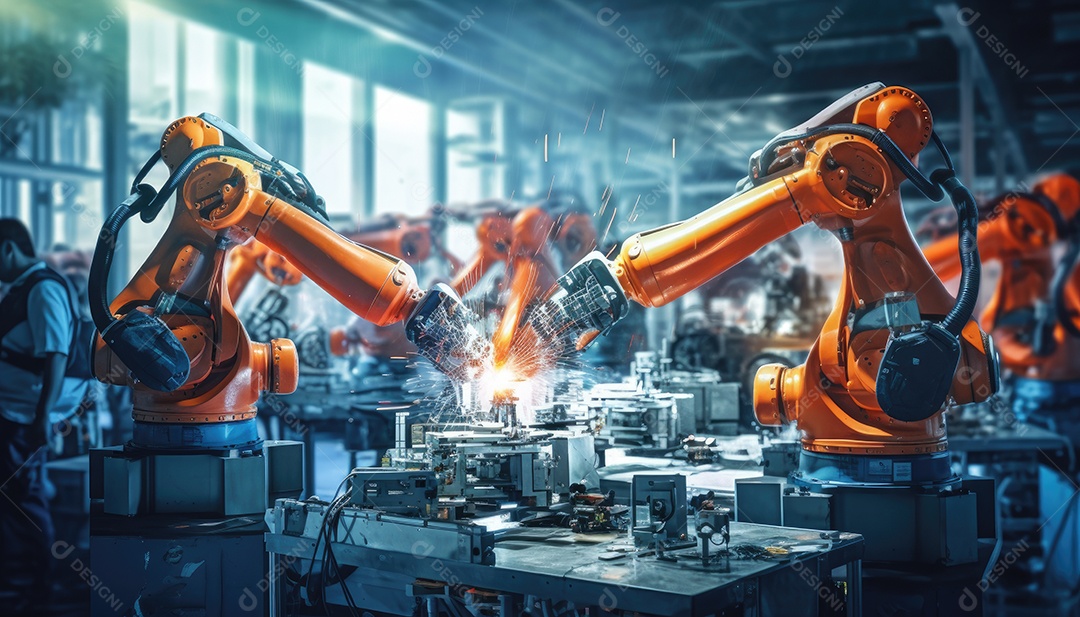 Fábrica de máquinas de montagem de braços robóticos gera faíscas