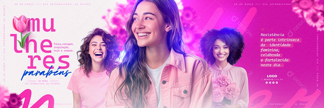 Carrossel Dia Internacional das Mulheres 8 de Março Força Coragem Inspiração Social Media PSD Editável
