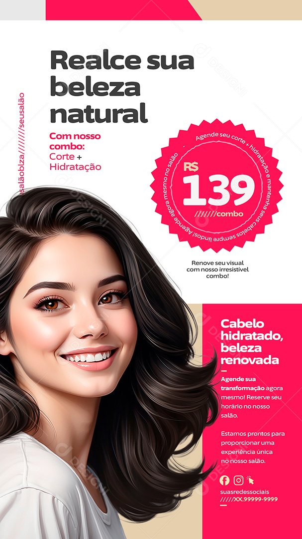 Story Salão de Beleza Realce sua beleza natural combo Corte Hidratação Social Media PSD Editável