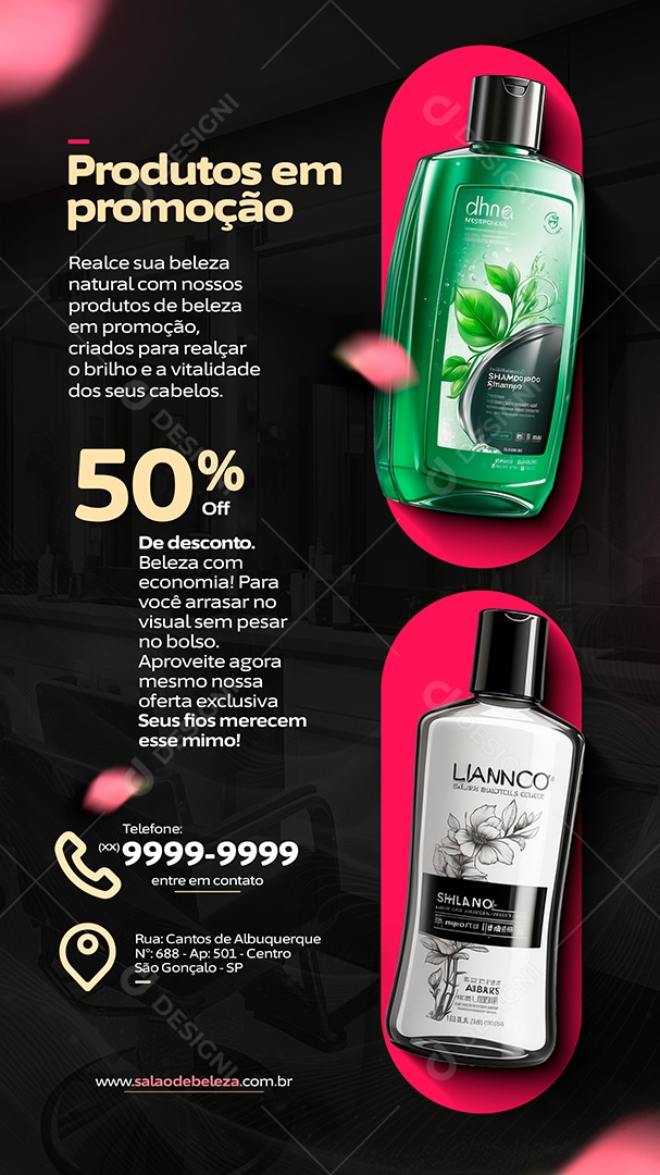 Story Salão de Beleza Produtos em promoção Shampoo 50% Off Social Media PSD Editável