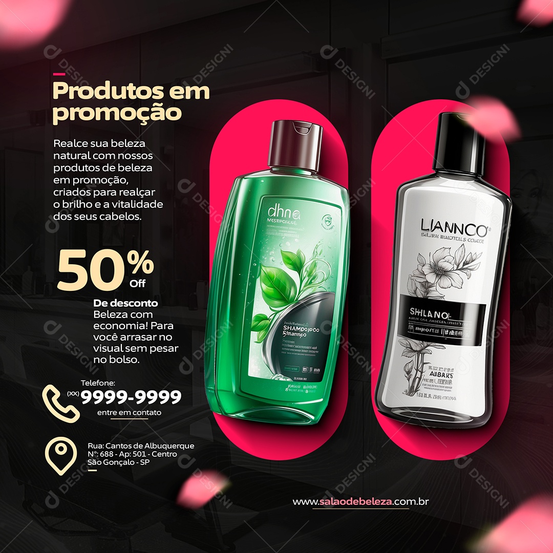 Salão de Beleza Produtos em promoção Shampoo 50% Off Social Media PSD Editável