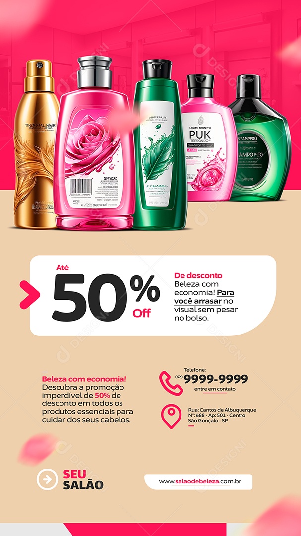 Story Salão de Beleza produtos Até 50% Off de desconto Beleza com economia Social Media PSD Editável