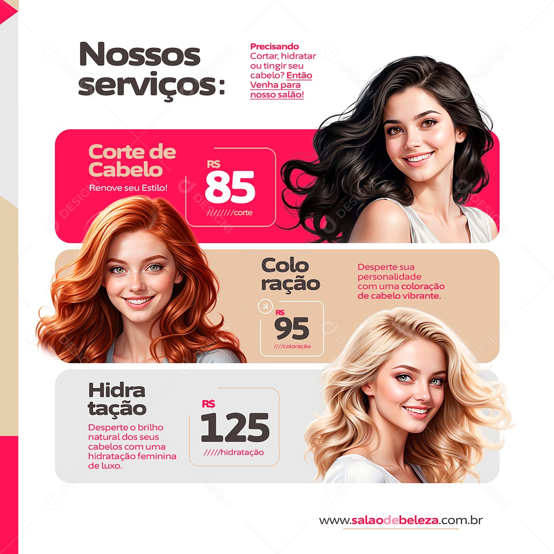 Salão de Beleza Nossos serviços Corte de Cabelo Hidratação Social Media PSD Editável