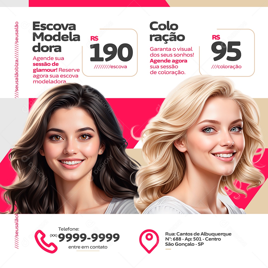 Salão de Beleza Escova modeladora Coloração Agende sua sessão Social Media PSD Editável