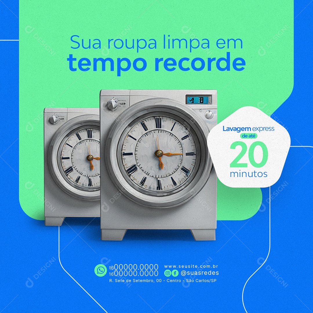 Lavanderia Sua roupa limpa em tempo recorde Lavagem express Social Media PSD Editável