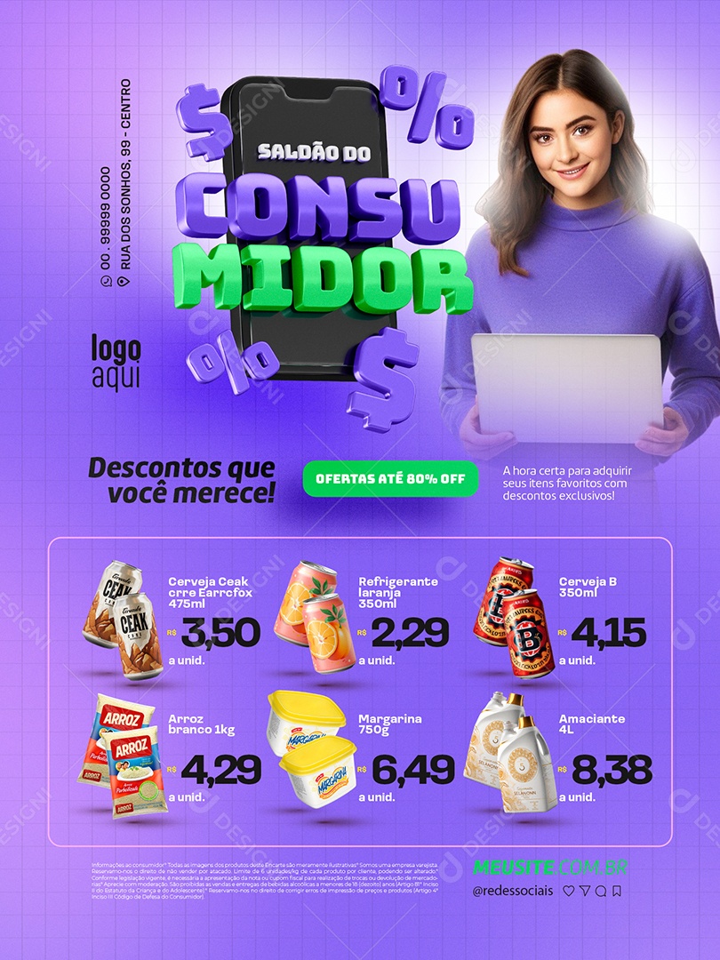 Saldão do Consumidor Supermercado Encarte Arroz cerveja refrigerante Social Media PSD Editável