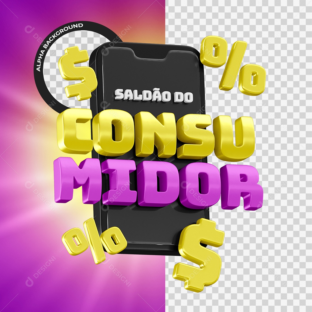 Saldão do Consumidor Selo 3D Amarelo e Rosa para Composição PSD