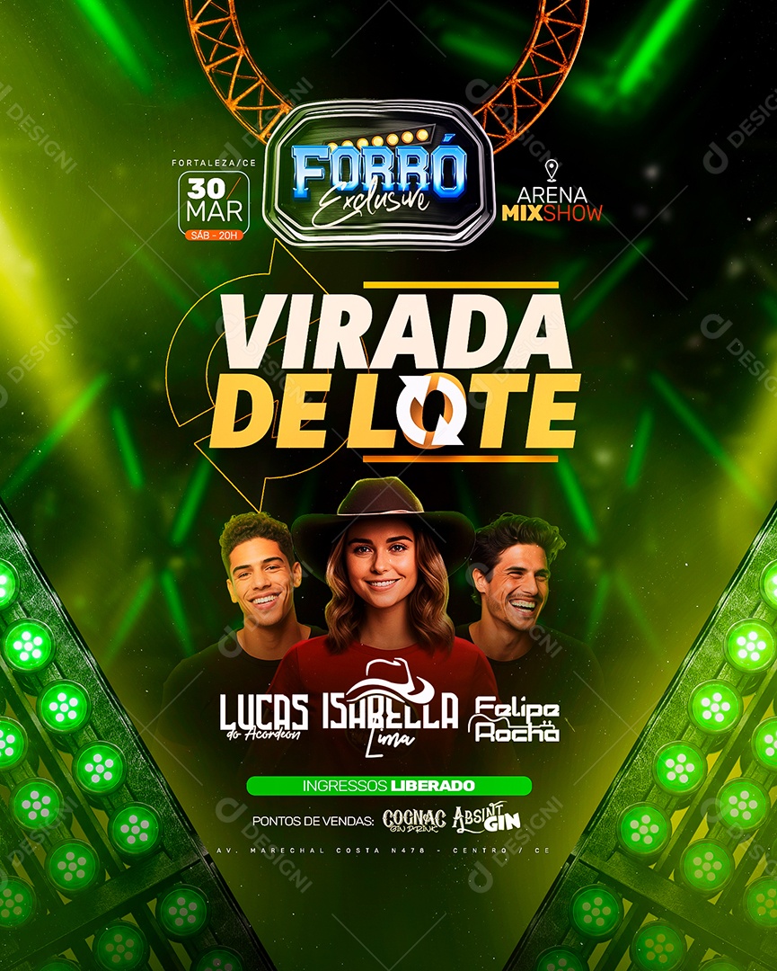 Flyer Forró Exclusive Lucas do Acordeon Isabella Lima Felipe Rocha Virada de lote Social Media PSD Editável