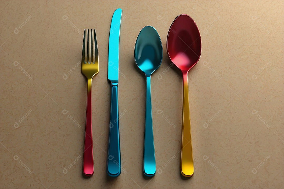 Conjunto de talheres com renderização 3d em cores modernas isoladas