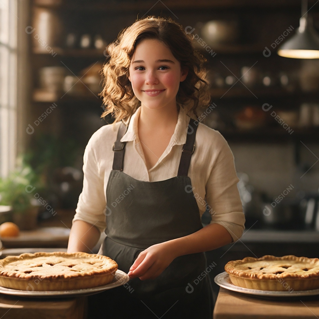 Mulher feliz produzindo tortas deliciosas