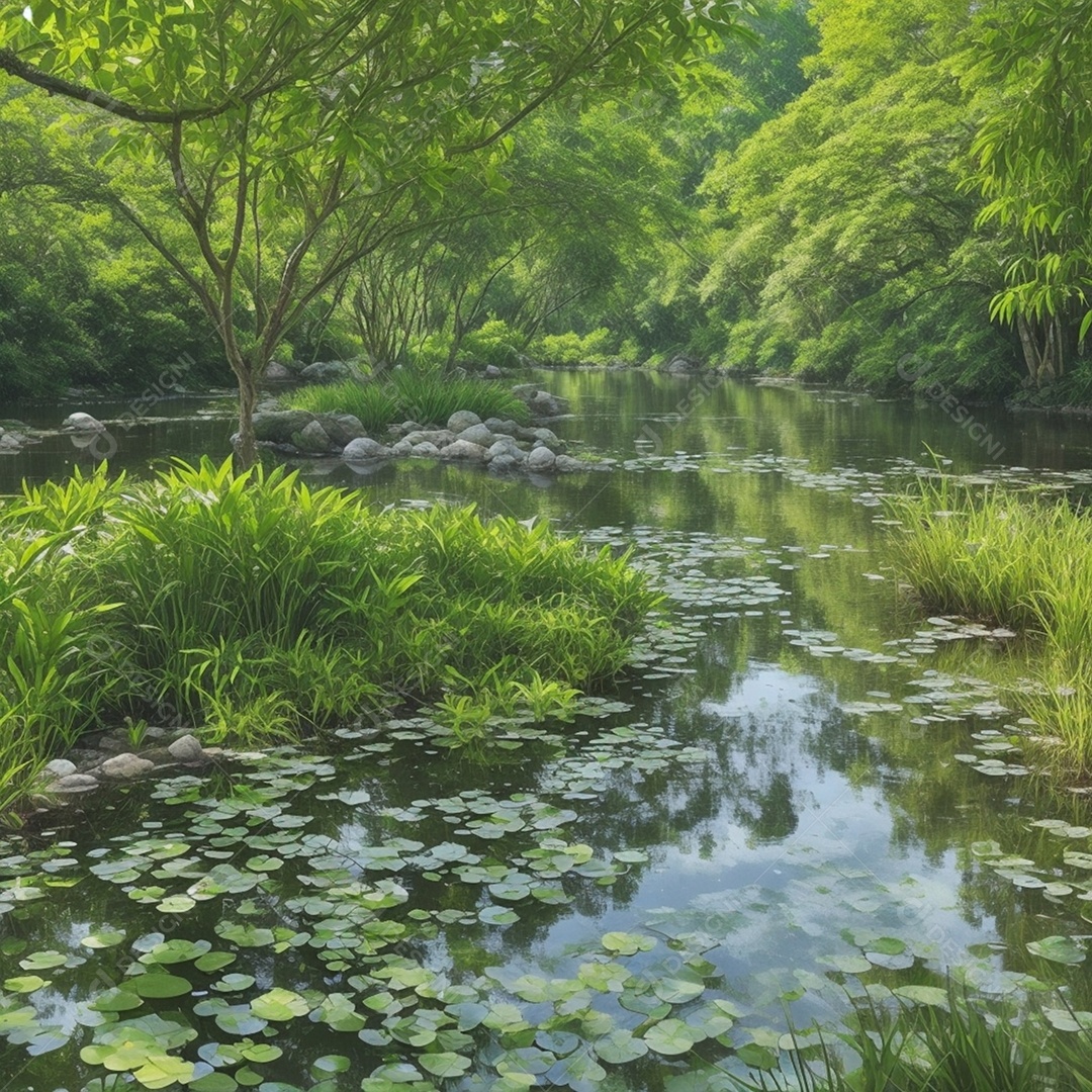 Linda vista de lagoa e plantas verdes