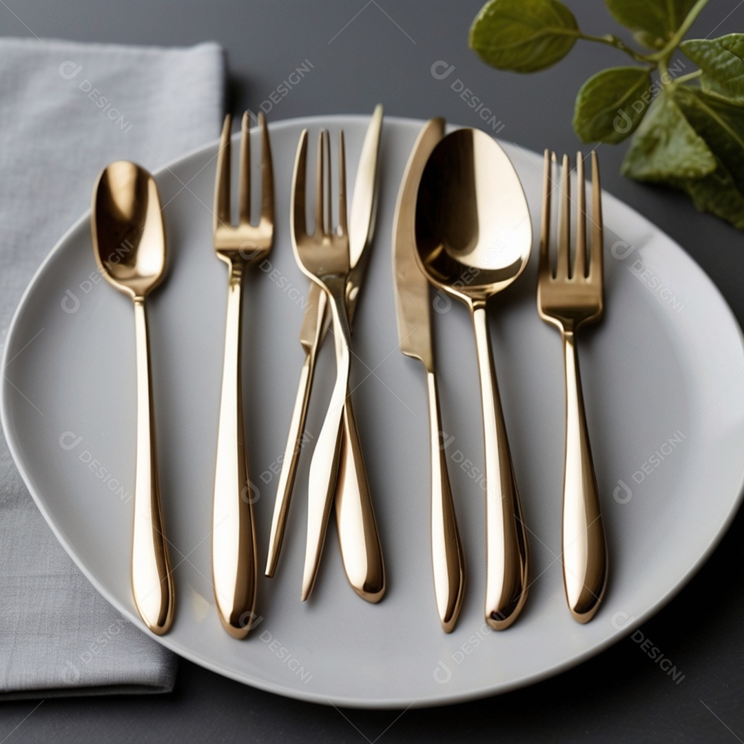 Talheres douradas sobre um prato branco