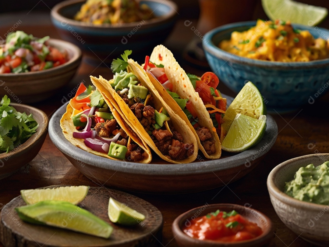 Tacos de salada carnes e abacate