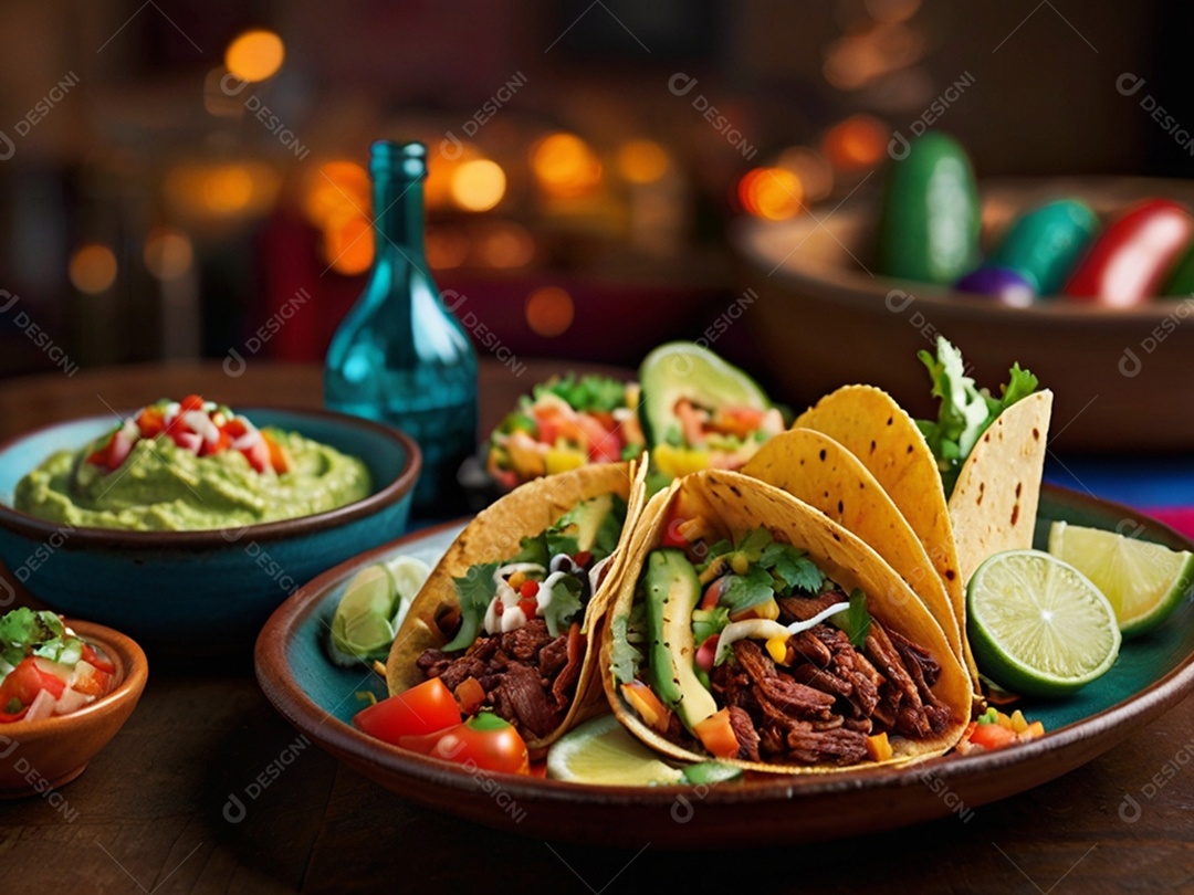 Tacos de tiras de carnes com salada e guacamole