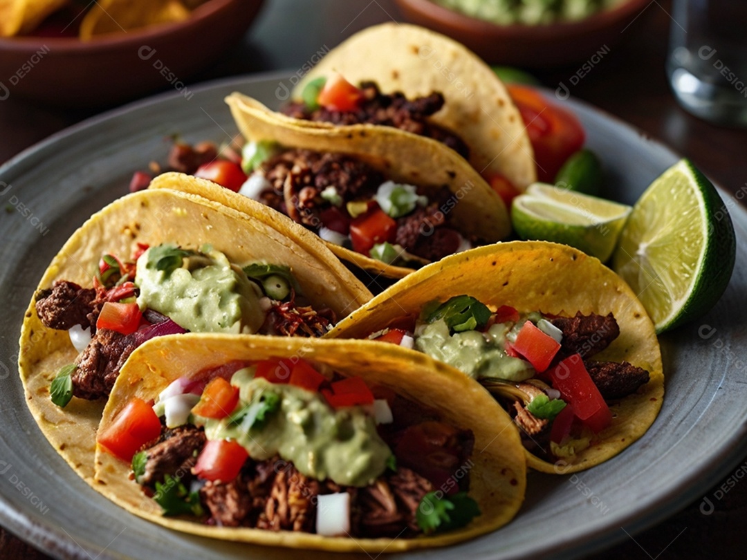 Tacos de carne com guacamole e limão