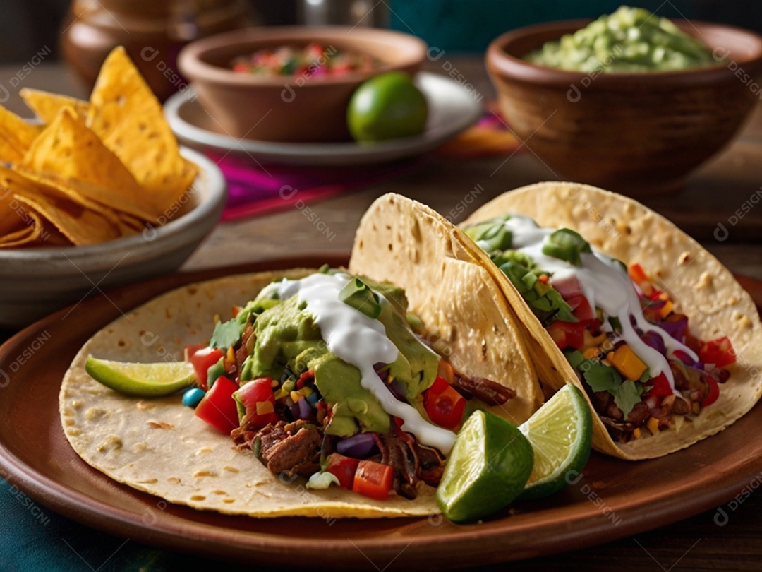 Tacos de guacamole com carne e creme