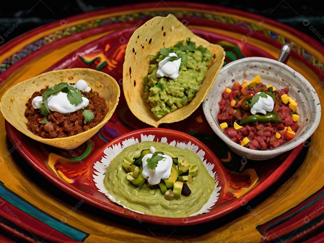 Guacamole em uma tigela com carnes e massa para rechear o taco