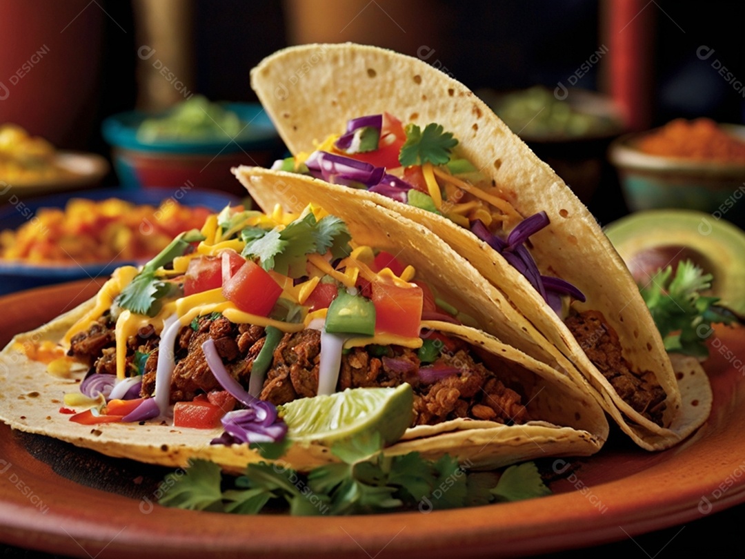 Tacos de guacamole salada queijo sobre prato