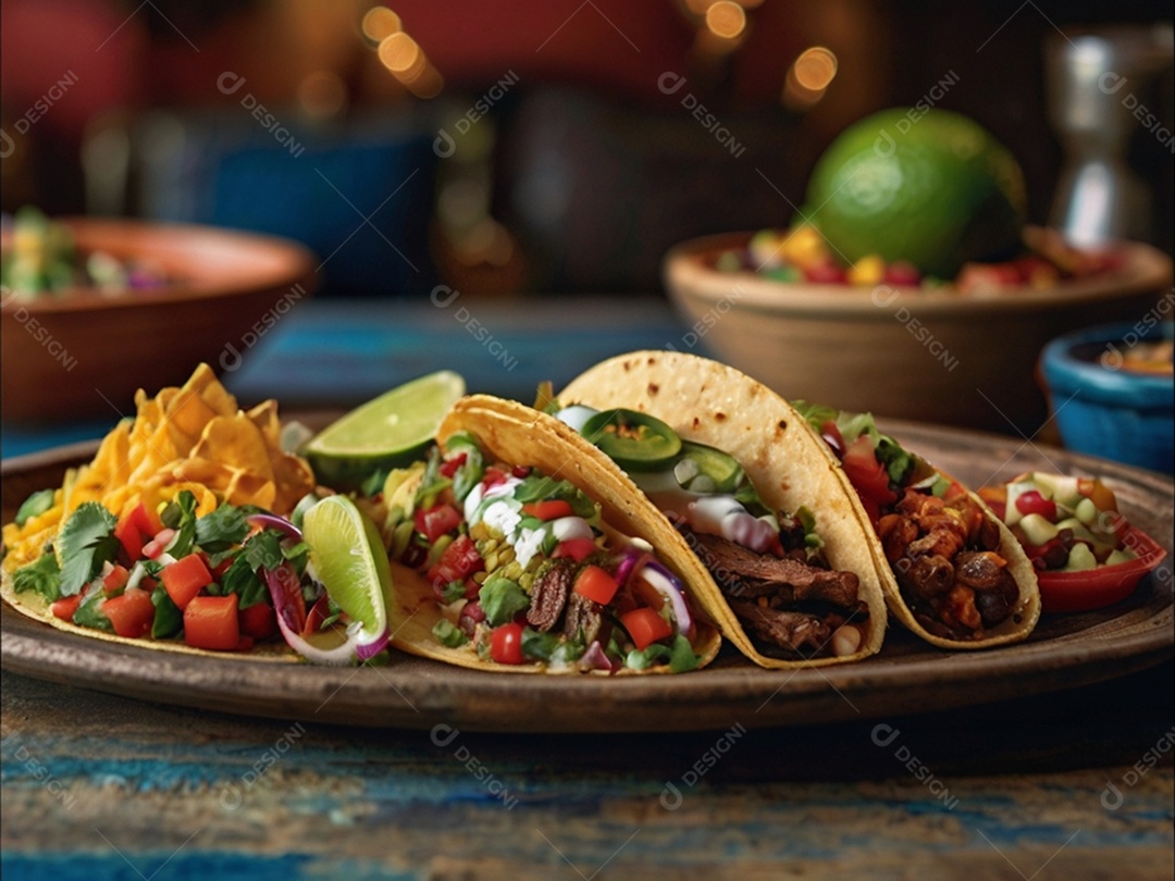 Tacos de carnes com creme de salada