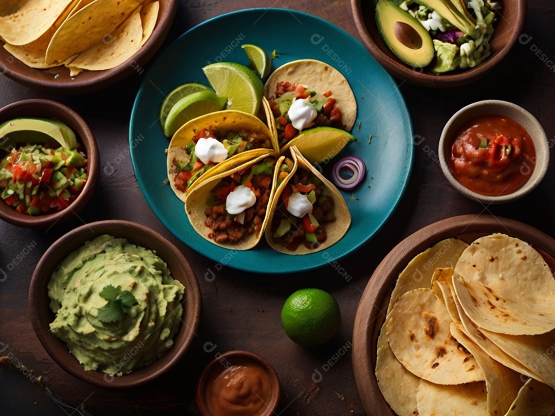 Mesa com comidas mexicana variadas