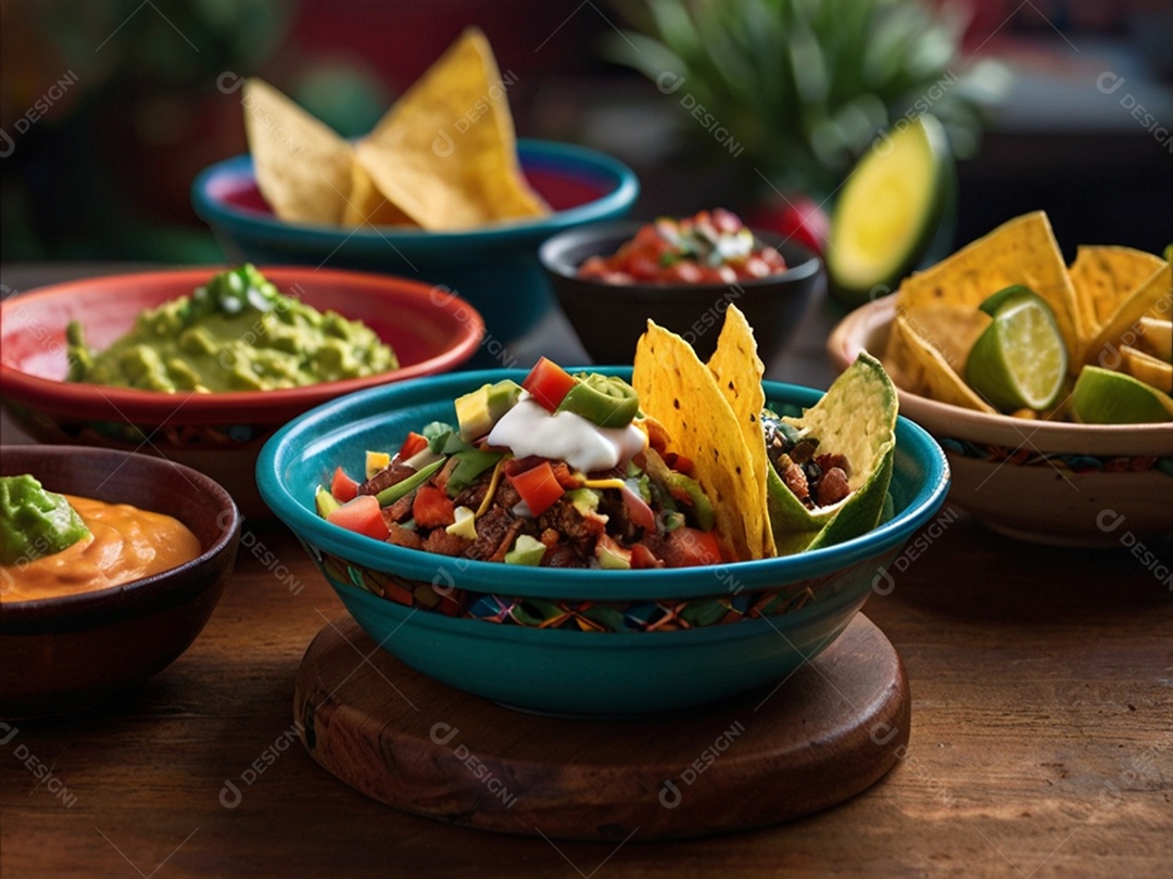 Mesa com comidas mexicana variadas