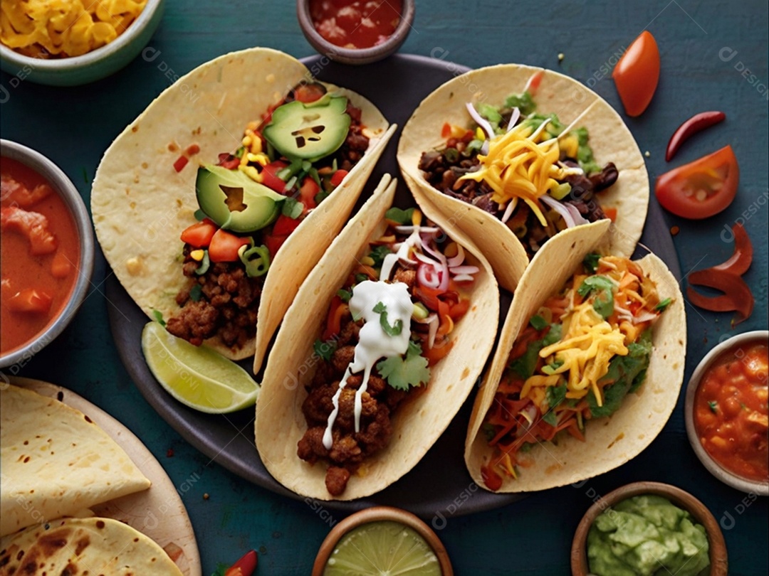 Tacos com guacamole salada e carne