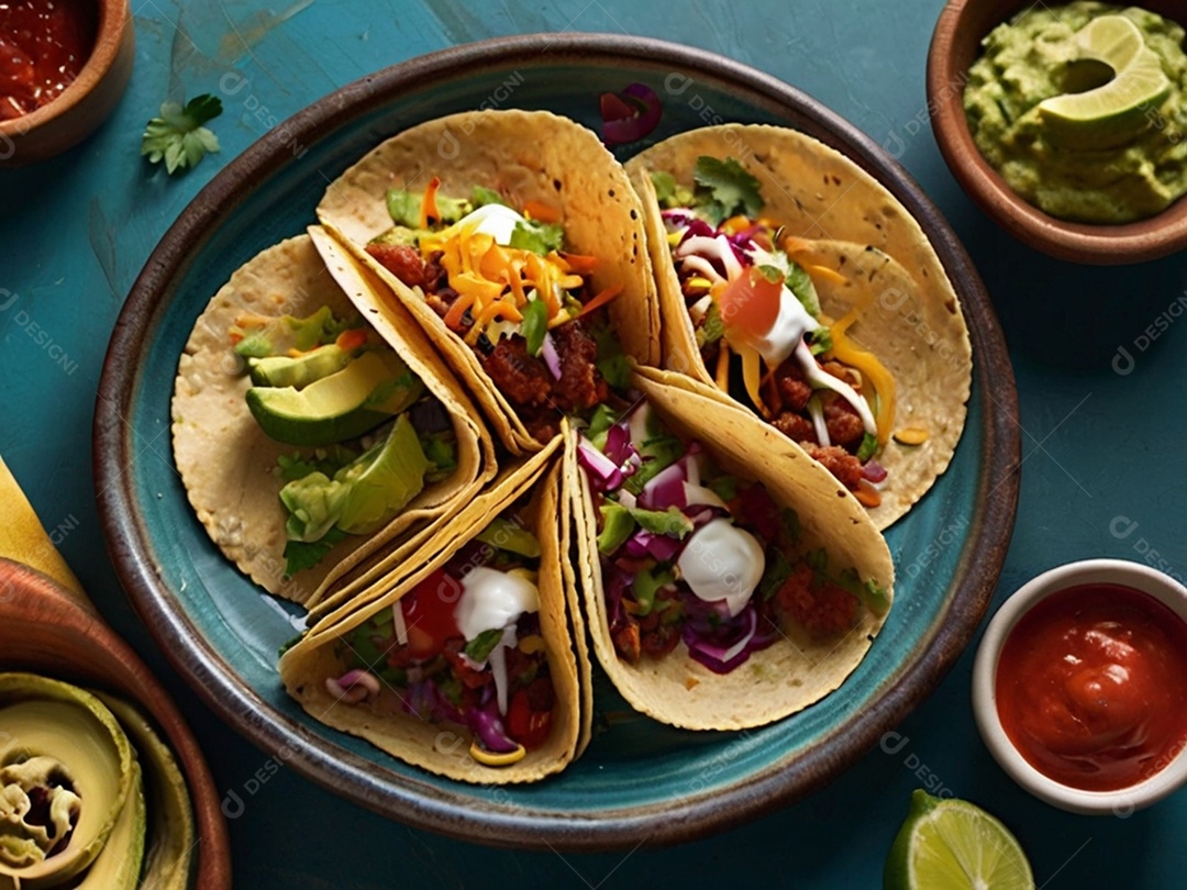 Tacos de guacamole salada queijo sobre prato