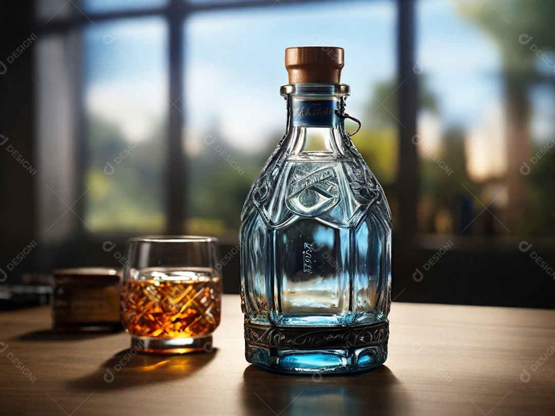 Garrafa de whisky com copo de vidro