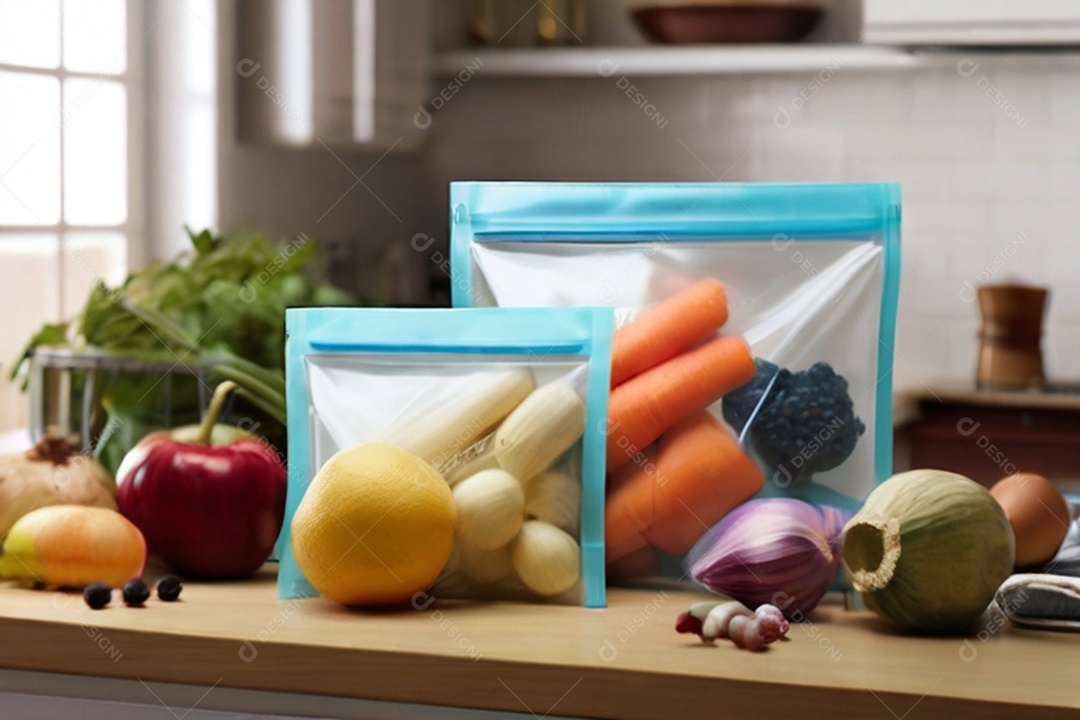 Verduras e legumes em sacos de organização para geladeira