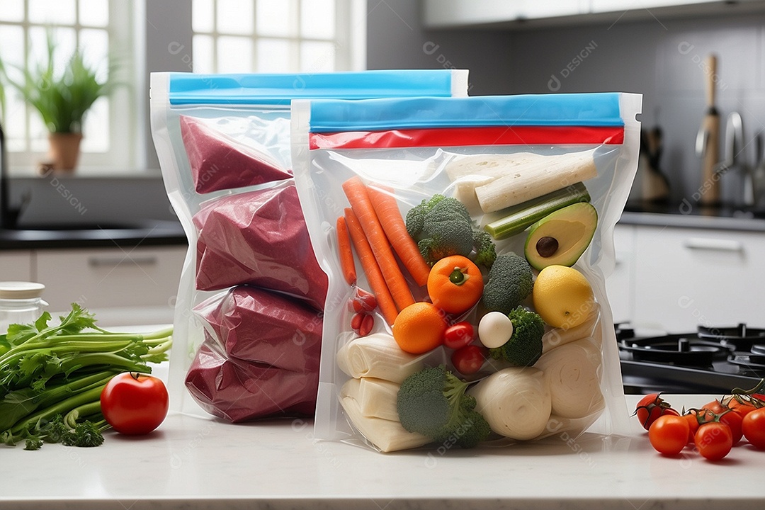 Sacos a vácuo cheio de verduras e legumes