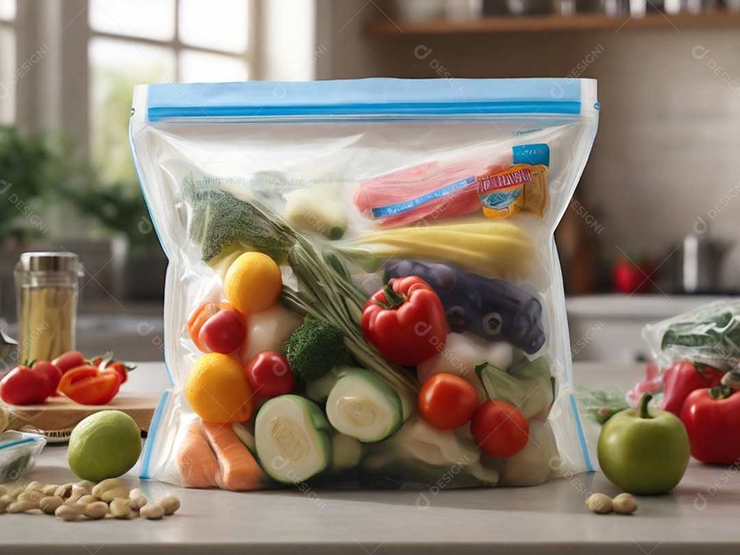 Sacos a vácuo cheio de verduras e legumes