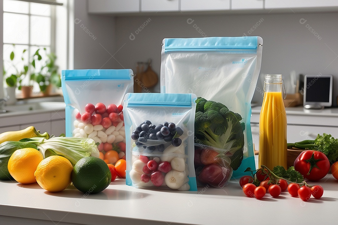 Sacos a vácuo cheio de alimentos para a geladeira