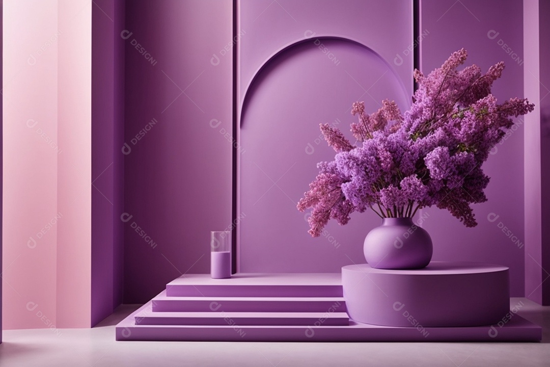 Arquitetura abstrata com jarro de flores lilás