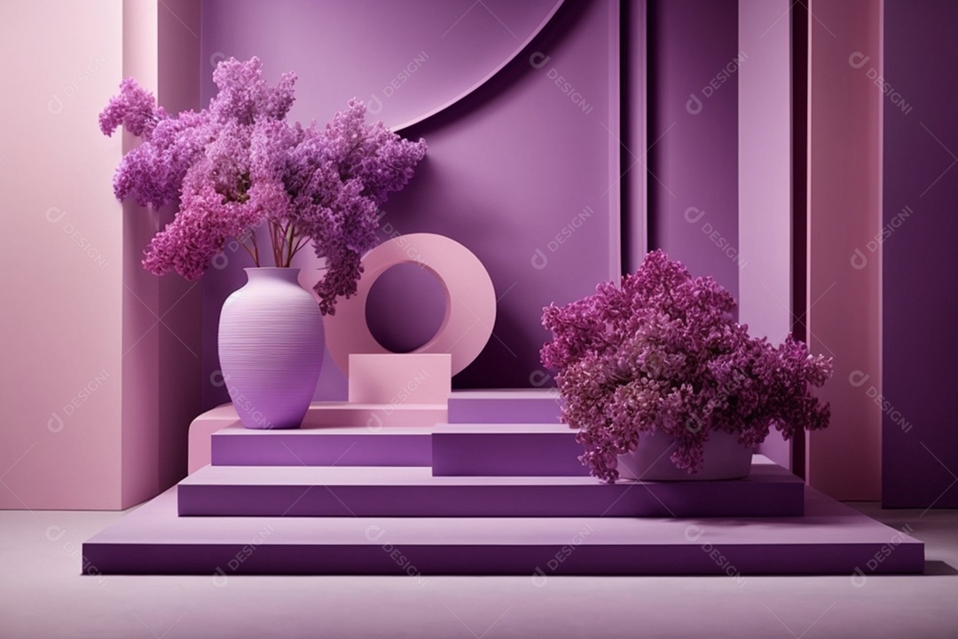 Arquitetura moderna lilás com jarros de folhas