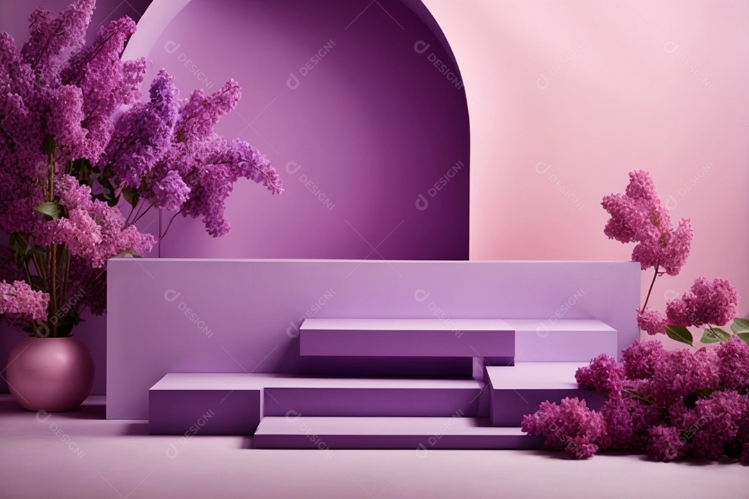 Jarros de flor com pódio lilás decoração