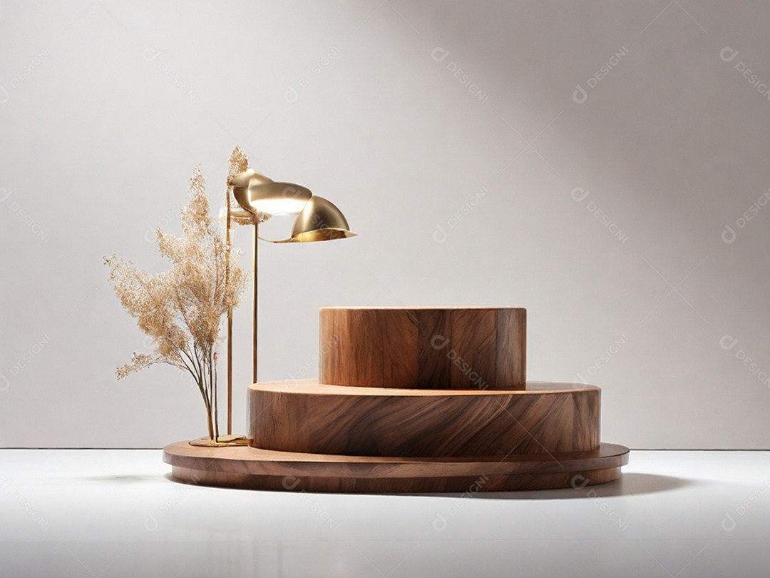 Pódio de madeira com jarro de planta e ilustre