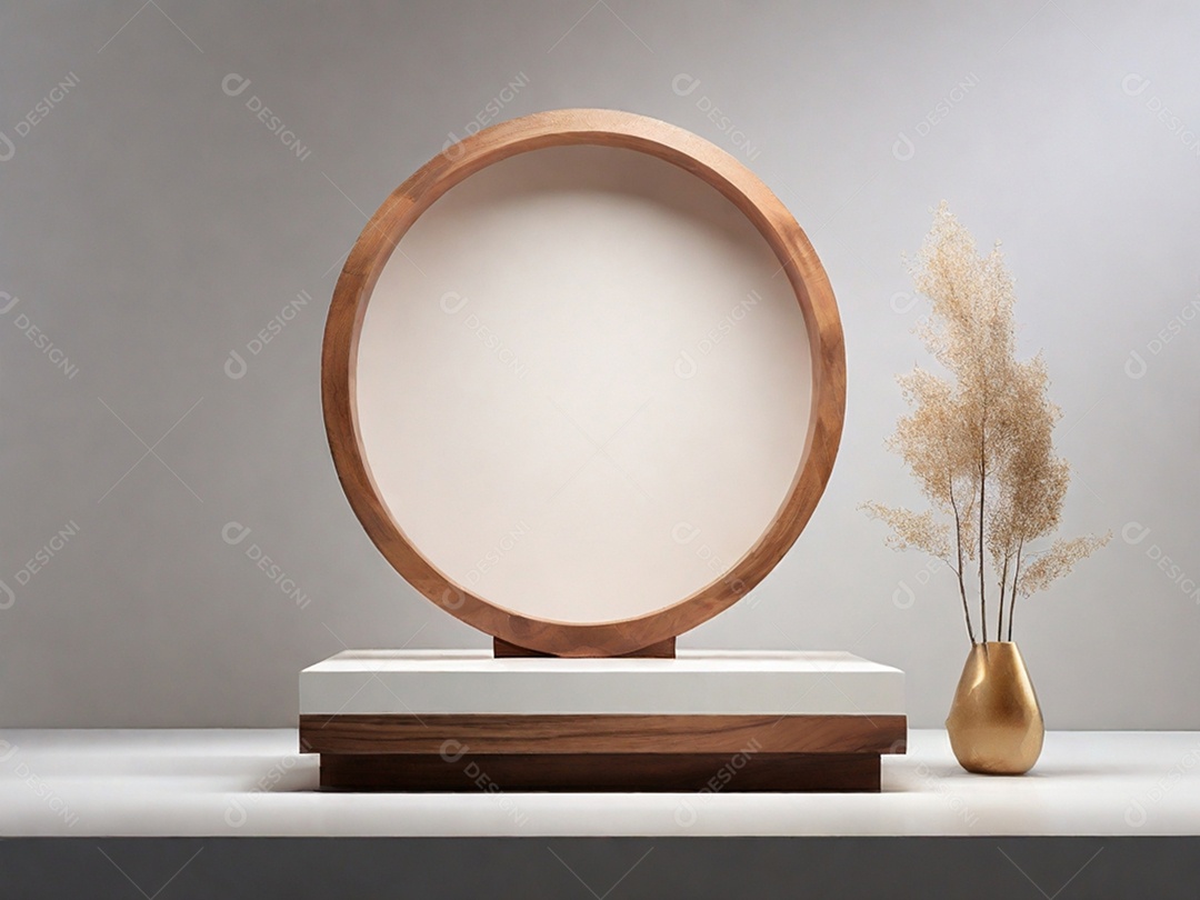 Pódio de madeira com jarro de planta