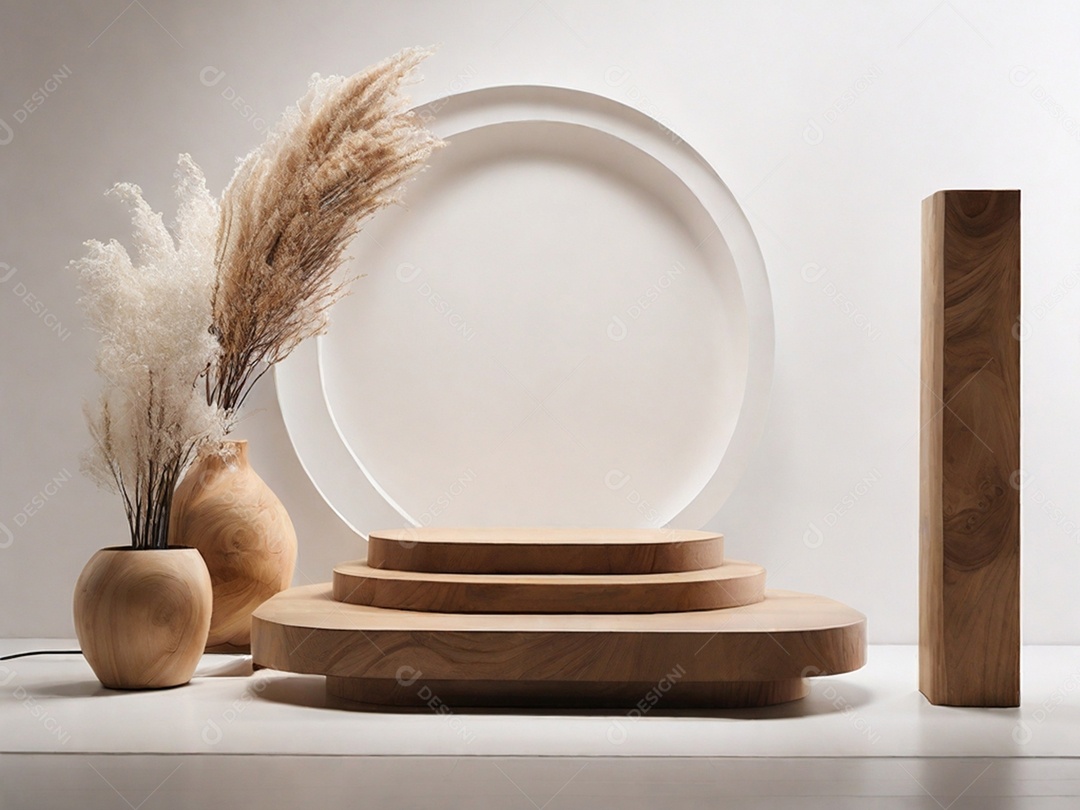 Decoração linda rústica com jarros e pódio de madeira