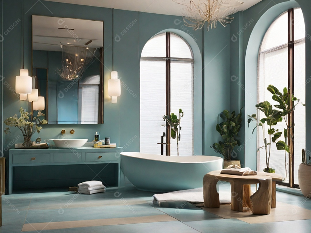 Banheiro moderno e elegante com verde e banheira