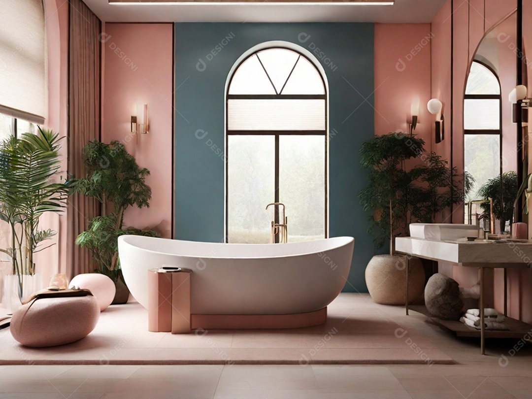 Banheiro cor de rosa e plantas verdes moderno