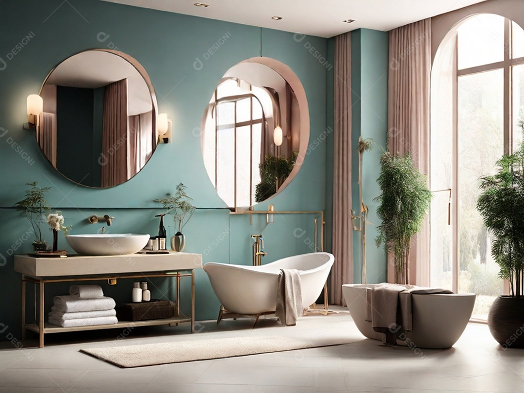 Banheiro moderno e elegante com verde e banheira